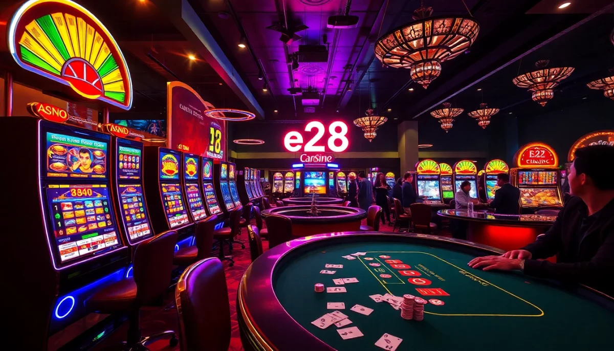 Witness the excitement of gambling with e28 at a vibrant casino, featuring energetic players and colorful slot machines.